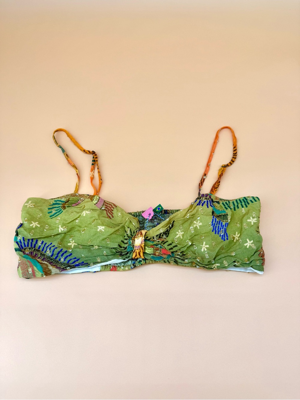 Farm Rio Green Gold Printed Top with Tropical Accents